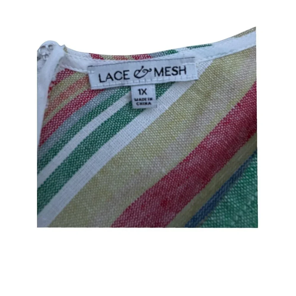 Linen Blend Sundress 1X Asymmetric Picnic Stripe Flowy Cottage